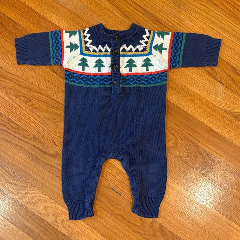 Hanna Andersson Navy Blue Knit onesie with Festive Pattern 3-6 months